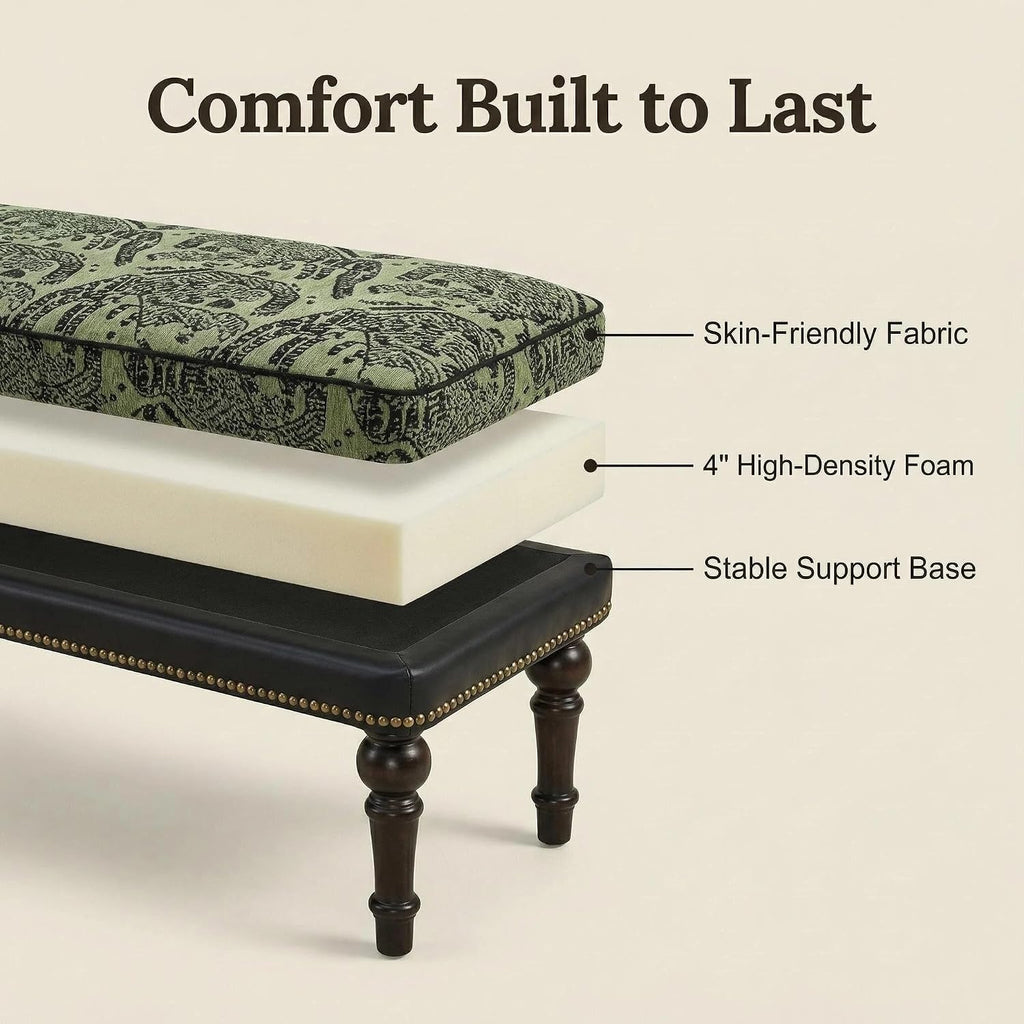47" Upholstered Bed End Bench , Vintage Bed Bench | Vintage Solid Wood Bench with Detachable Washable Cover, Pattern