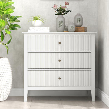 Large White Fluted 3 Drawer Dresser, Wide Chest of Drawers for Closet, Modern Wood Dresser Wide Nightstand Cabinet