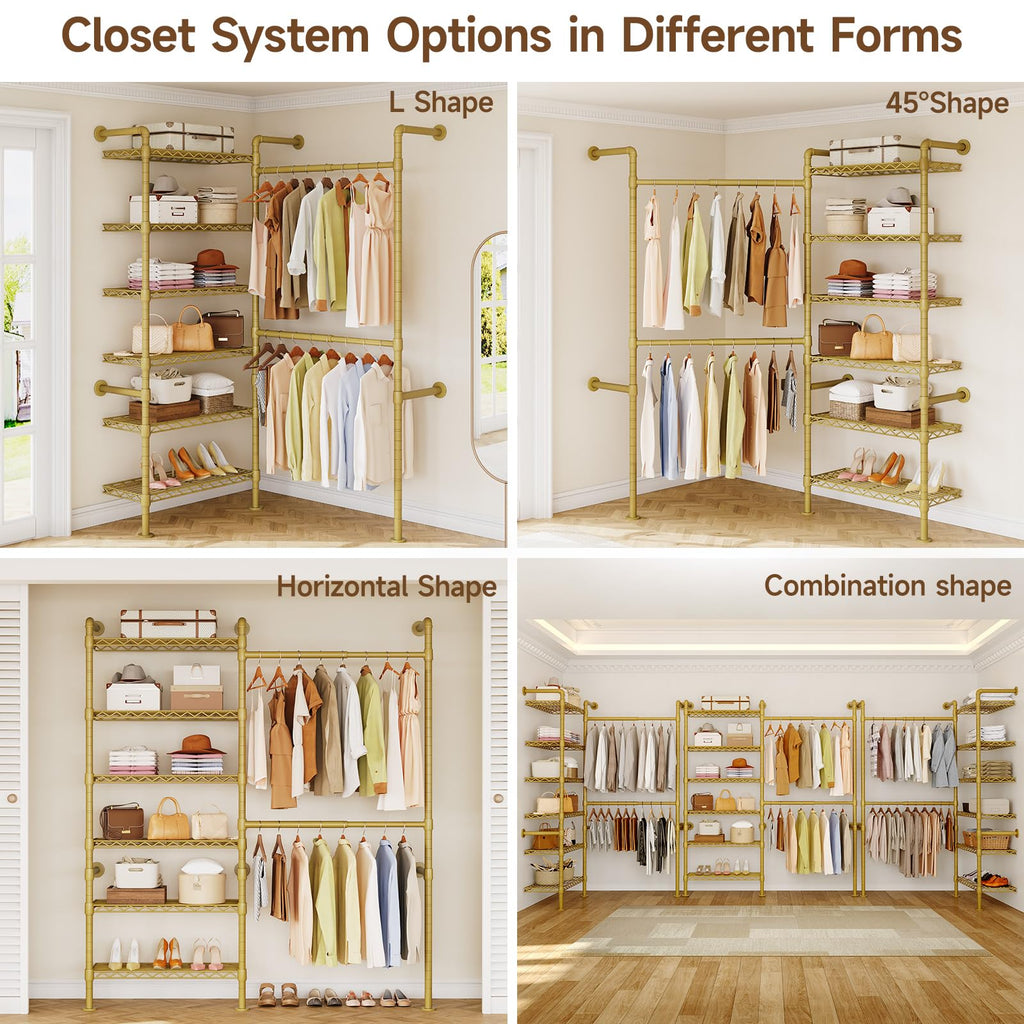 L2 Wall Mounted Closet System, Industrial Pipe Clothing Rack, Gold