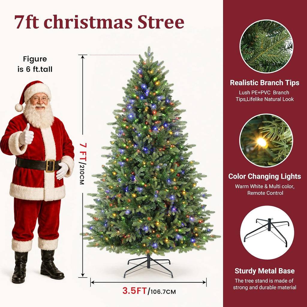 7ft Prelit Artificial Full Hinged Christmas Tree with Color Lights