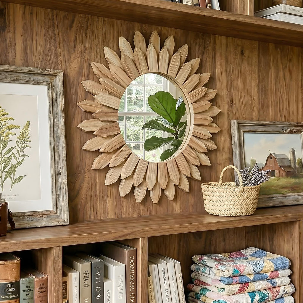 28" Round Sunburst Wooden Mirror Boho Rustic Wall Decor