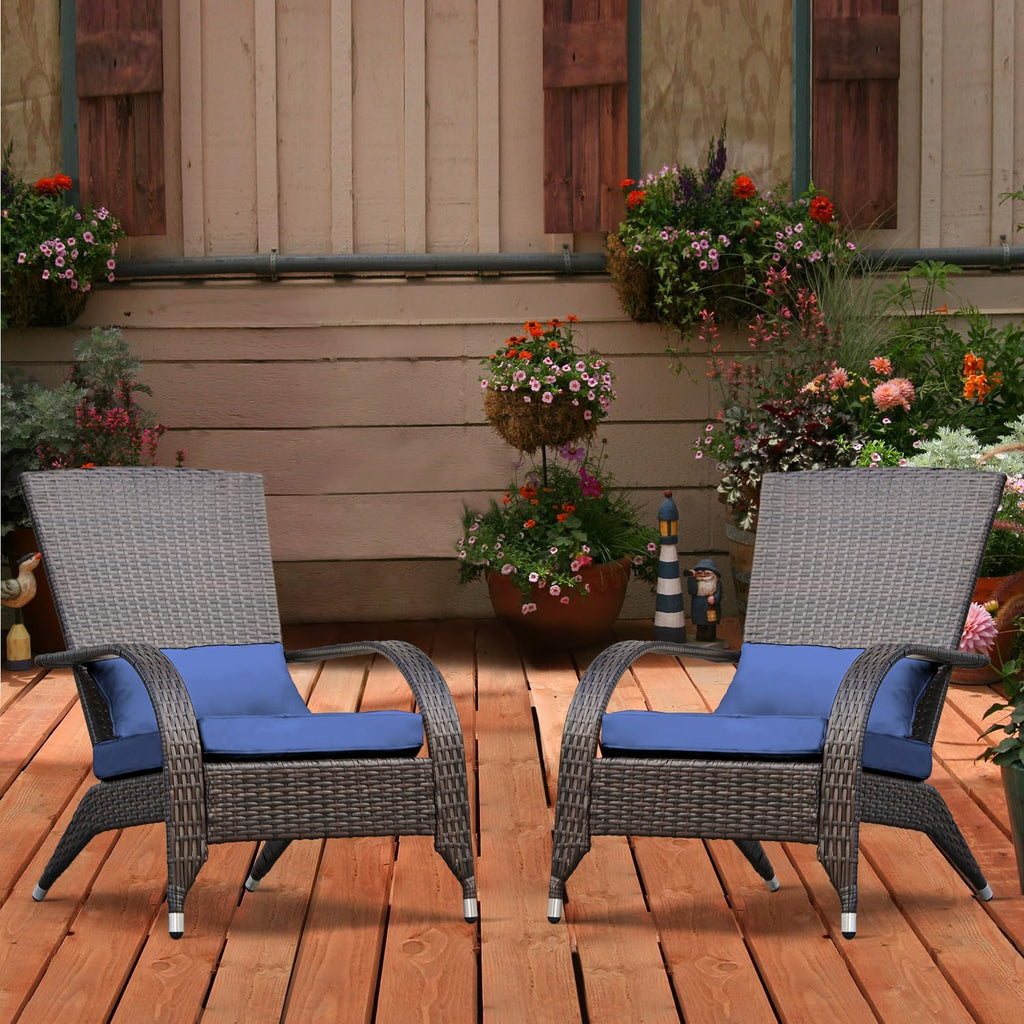 Outdoor Wicker Adirondack Chairs Set 2 Rattan Fire Pit Chairs Oversized Comfy Relax Accent Patio Chairs with Soft