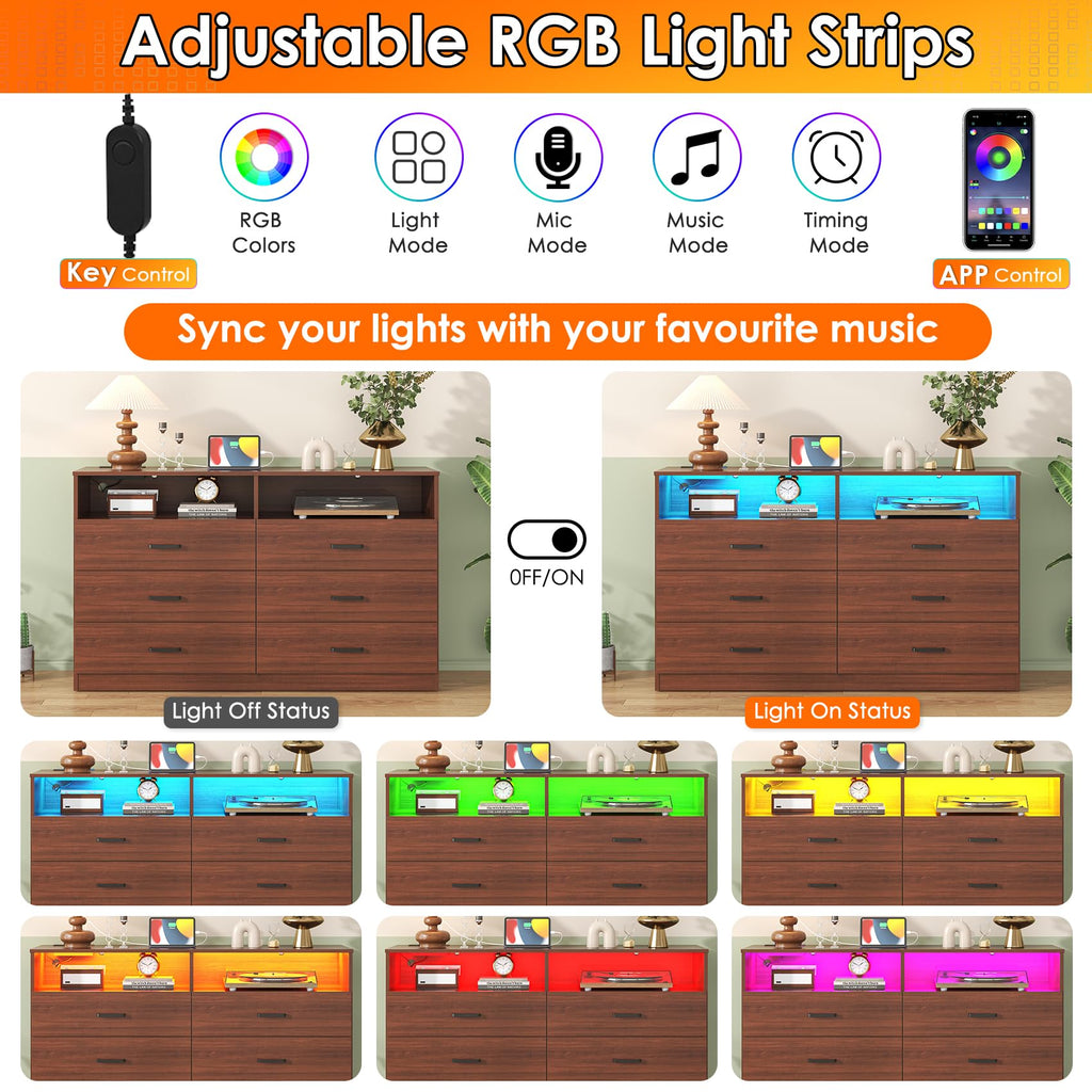 Dresser, 6 Drawer Dresser with Charging Station and Led Light, Modern Chest of Drawers (Walnut Brown)