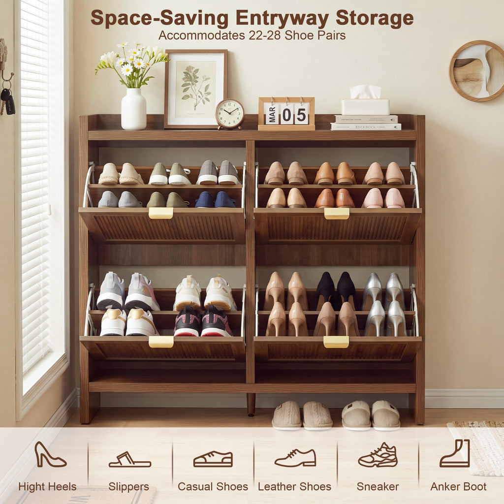Fluted Shoe Storage Cabinet with 4 Flip Drawers