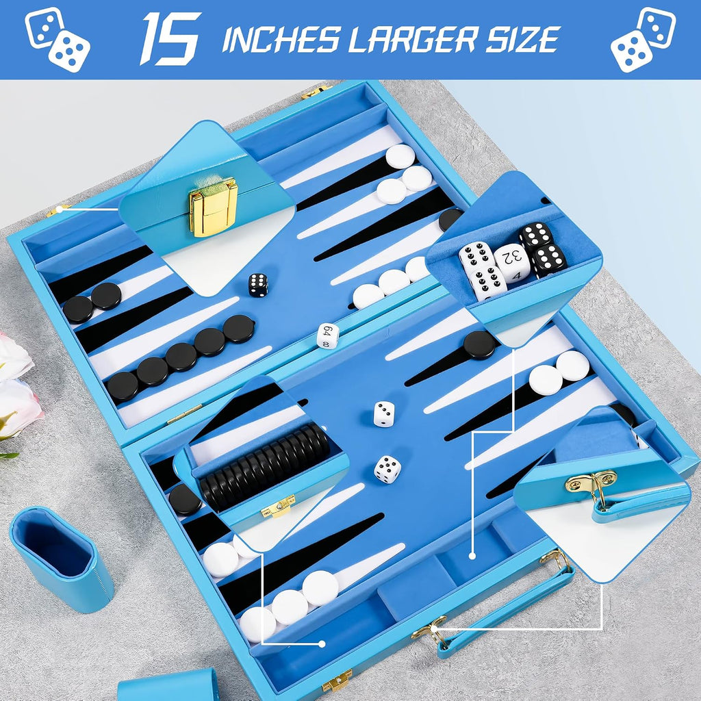 Light Blue 15 Inch Backgammon Sets for Adults, Classic Board Game - Set of 39