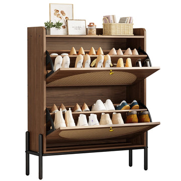 Rattan Shoe Cabinet Storage with 2 Flip Drawers, Walnut