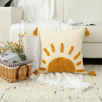 Boho Throw Pillow Covers 18x18, Woven Tufted Sun Decorative Pillow Covers with Tassels Moroccan Modern Pillowcase for