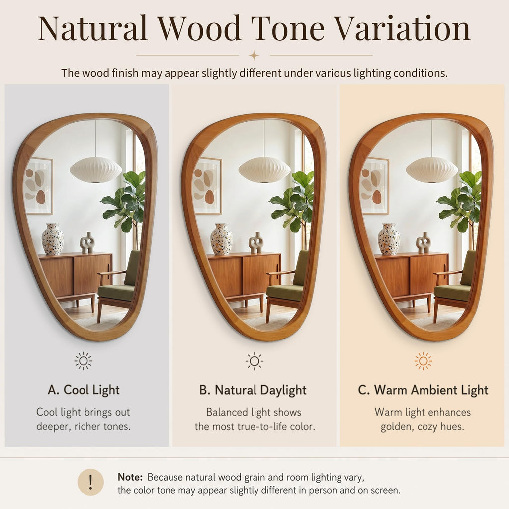 24x36 Inch Warm Walnut Irregular Solid Wood Bathroom Vanity Mirror