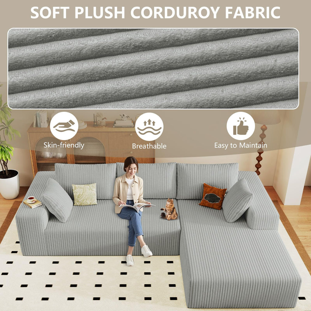 96" Cloud Sectional Couch with L-Shaped Chaise, Modern Corduroy Sectionals Couches with Deep Seat, Boneless Sofa 3