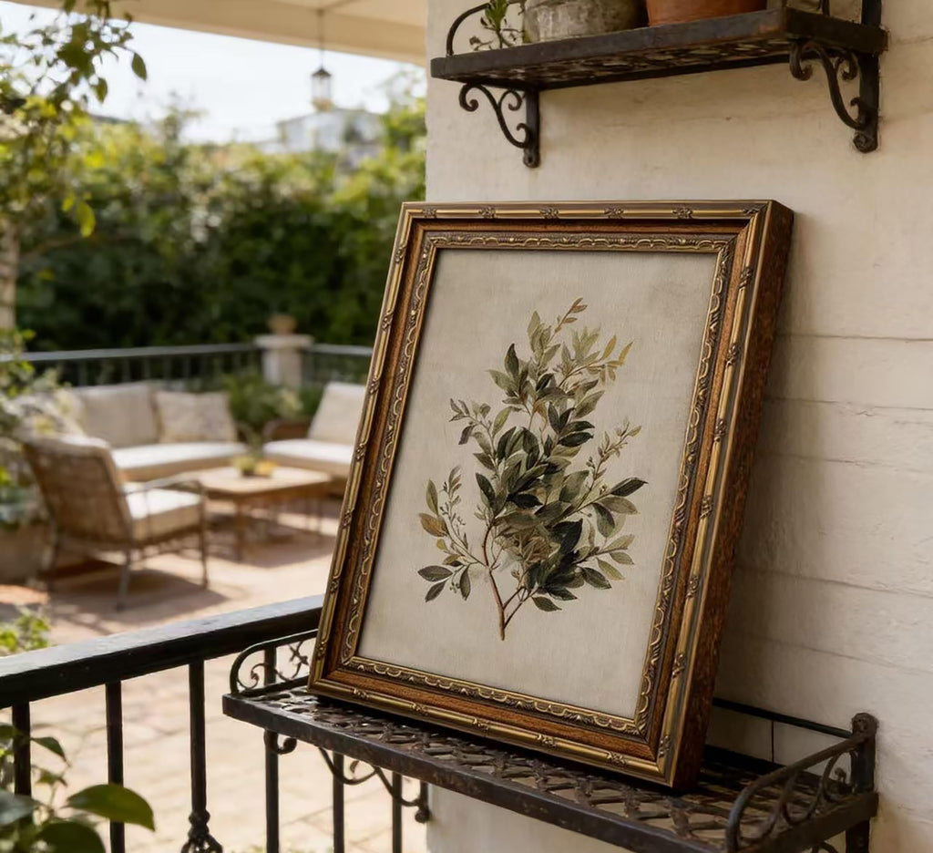 Vintage Olive Branch Botanical Framed Wall Art, Retro Gold Frame Rustic Greenery Canvas Print, Farmhouse Decor