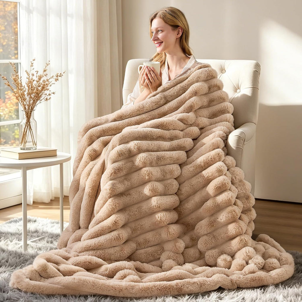 Faux Fur Twin Blanket for Couch Cozy Soft Plush Thick Striped | Luxury Blanket for Sofa, Living Room, Bedroom, 60" x
