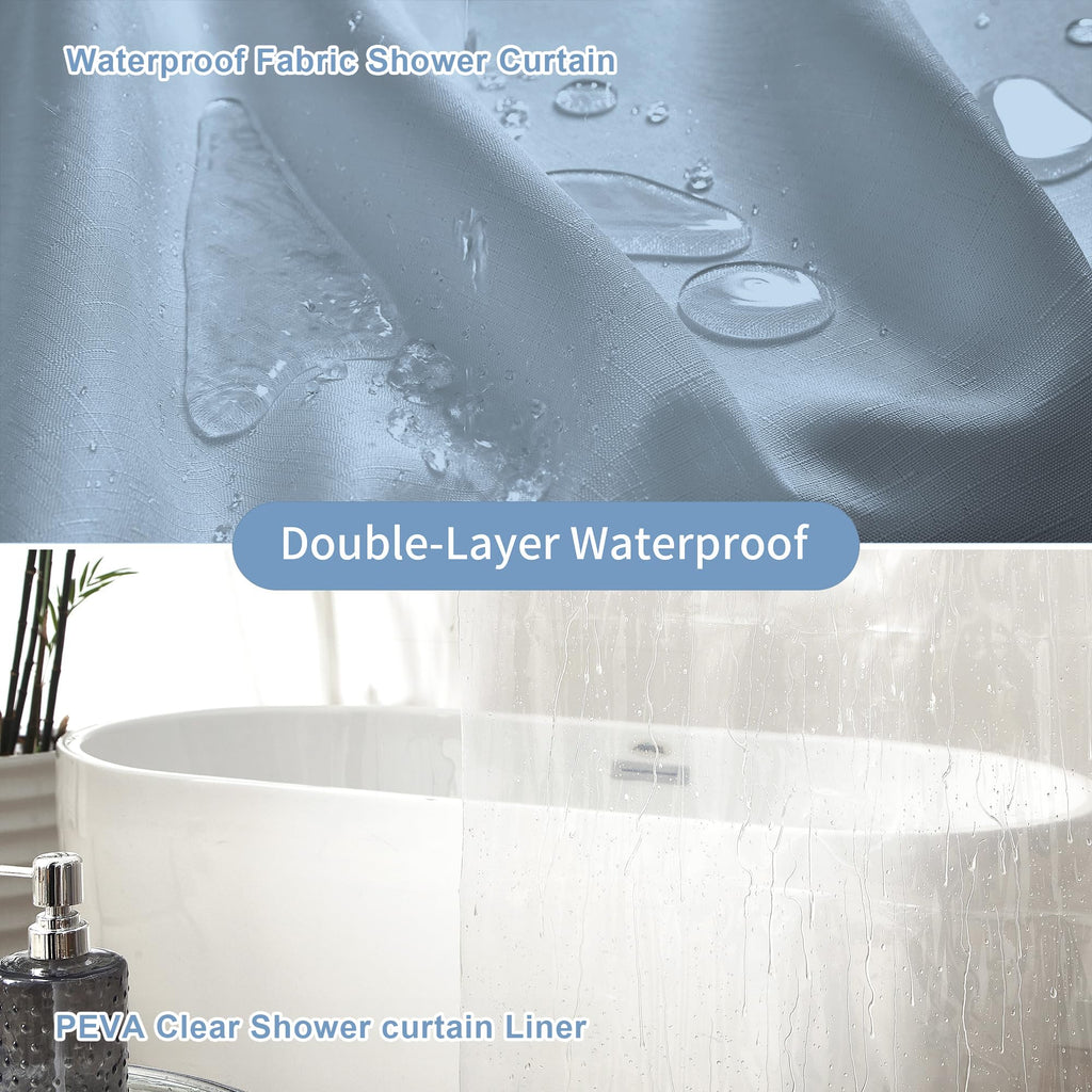 3 in 1 Shower Curtain Set, Fog Blue Boho Shower Curtain and Clear Liner Set with 12 Double Sided Shower Curtain