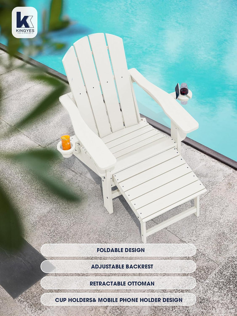 Folding Adjustable Adirondack Chair with Ottoman & 2 Cup Holders Set of 2, HDPE Adirondack Recliner Chair with