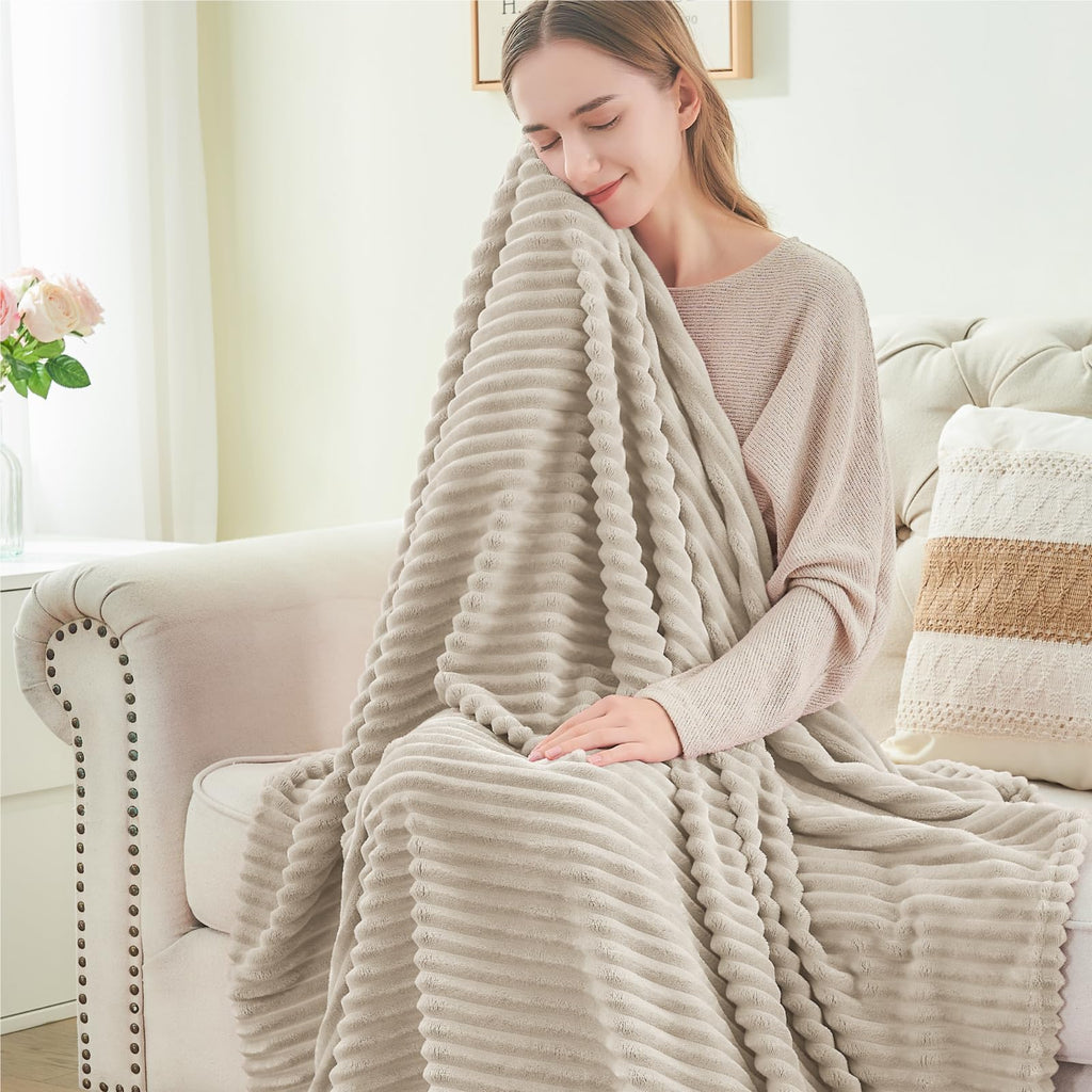 3D Ribbed Linen Fleece Fall Throw Blanket for Couch, 50x60 Inch