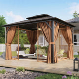 10’x12’ Hardtop Gazebo, Permanent Metal Pavilion with Galvanized Steel Double Roof, Outdoor Pergola with Nettings and Curtains for Lawn, Garden, Patio (Brown)