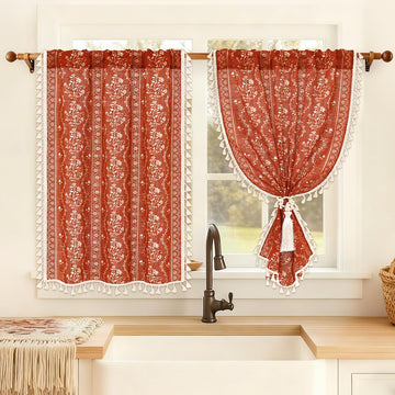 Boho Kitchen Curtains 36 Inch Length Vintage Linen Burnt Orange Cafe Curtains Light Filtering Floral Tier Rod Pocket