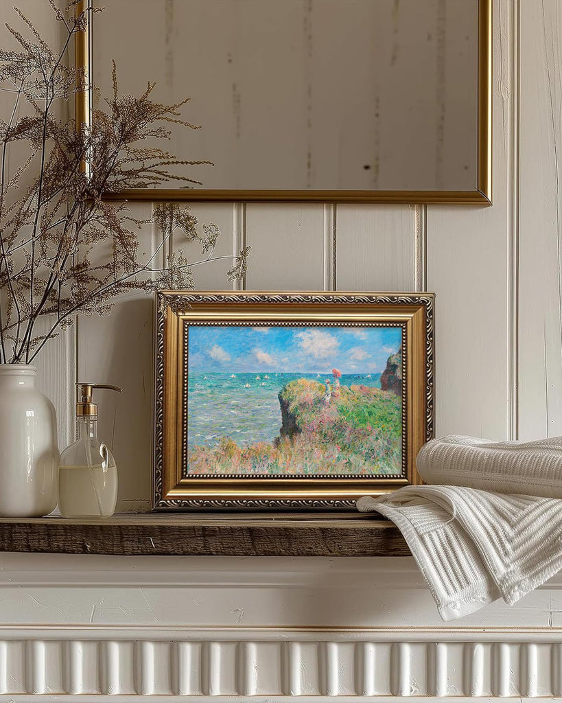Vintage Gold Framed Gallery Canvas Print Wall Art Claude Monet Cliff Walk at Pourville Nature Wilderness Painting