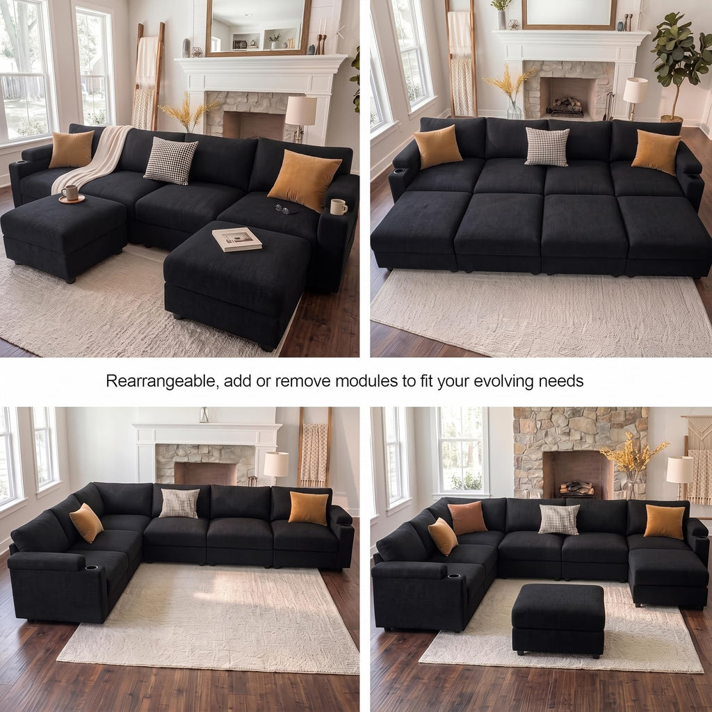 Sectional couches, Oversized Modular Cloud U Shaped Couch, FSC Certified Chenille, Removable Chaise Sofa (Black, L