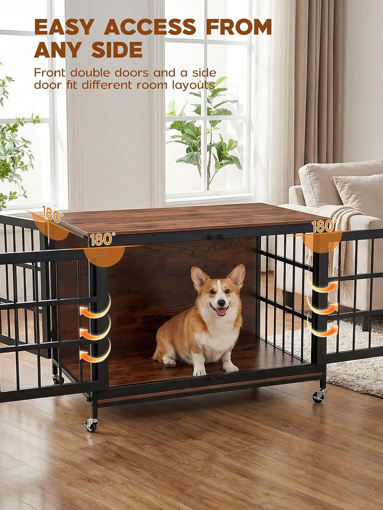 41 Inch Heavy Duty Dog Crate Furniture, Dog Kennel Furniture for Large and Medium Dogs, with Lockable Wheels &
