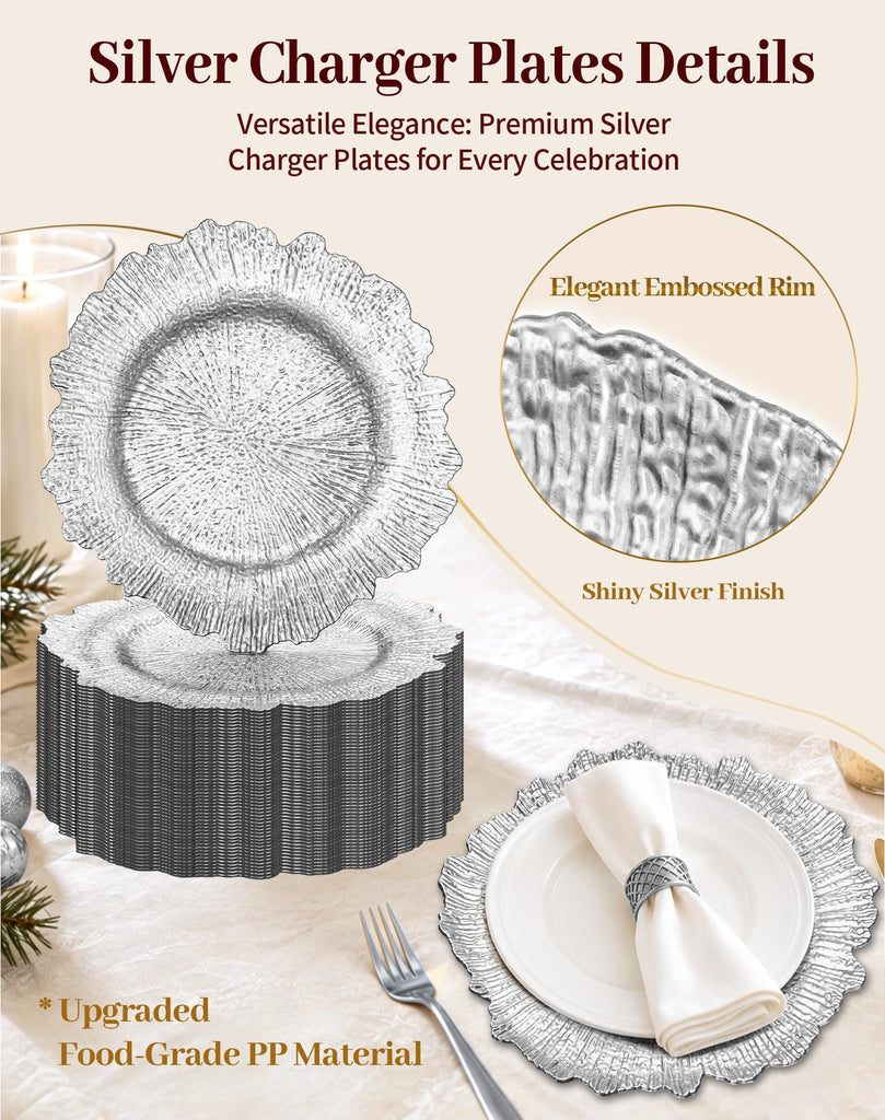 Silver Charger Plates Bulk 50Pcs, 13" Reef Chargers for Wedding