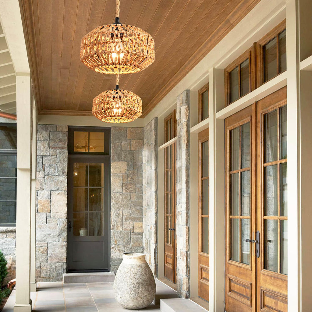 2 Pack Plug in Pendant Light Rattan Hanging Lamp with Switch, Mini Rattan Boho Semi Flush Mount Ceiling Light, Hand