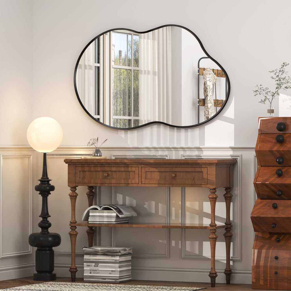 48x27 Black Irregular Mirror, Matte Asymmetrical Bathroom Mirror