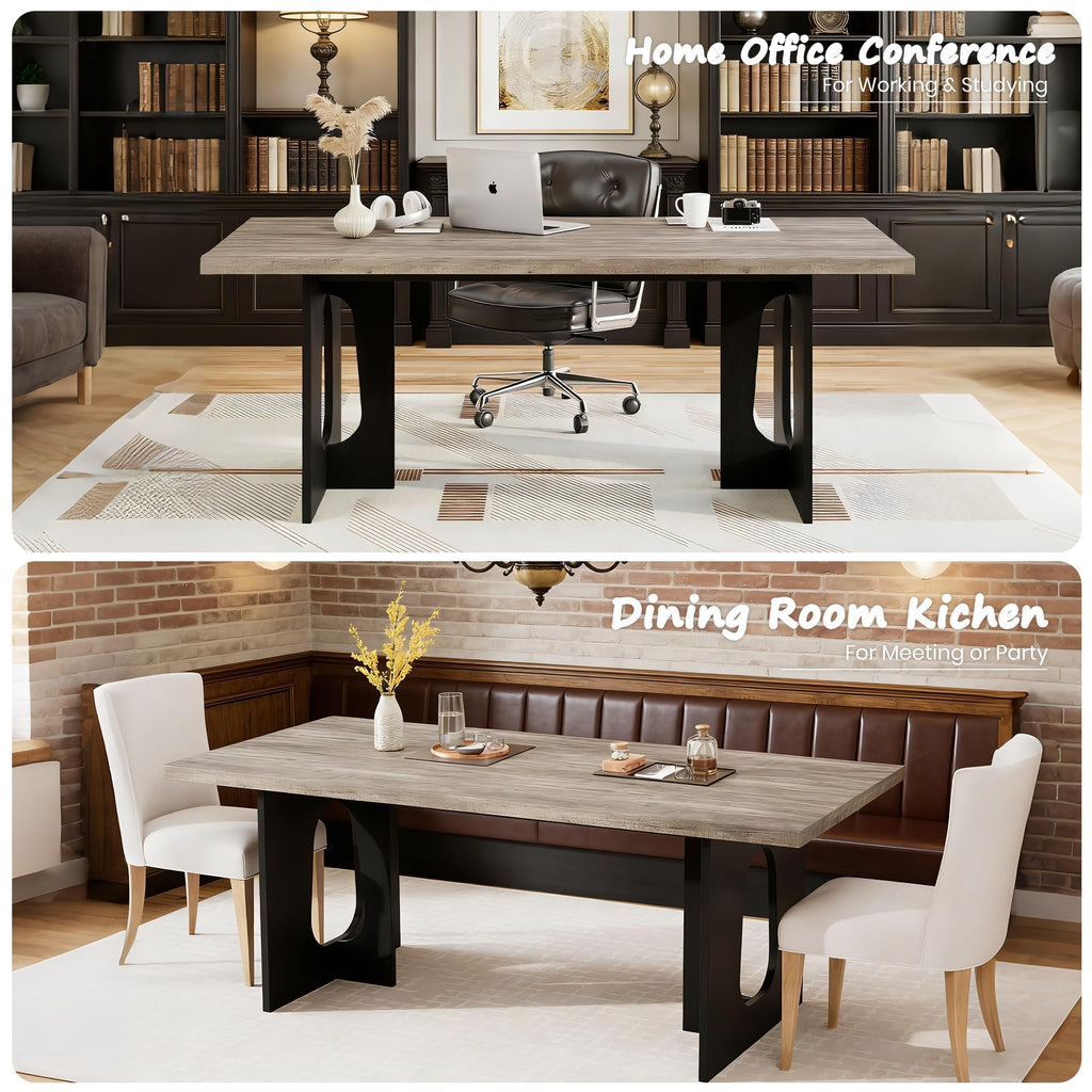 71" Modern Long Dining Table for 6-10 People, Grey & Black