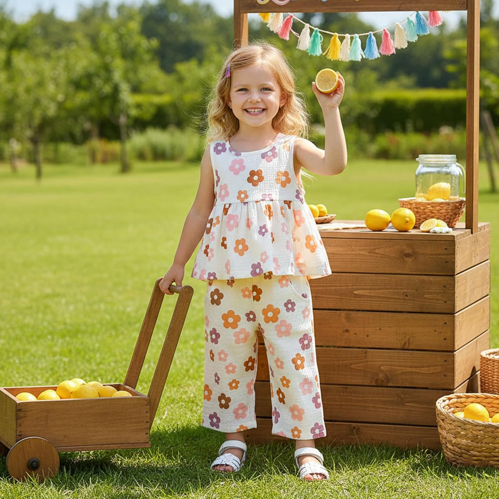Toddler Baby Girl 2Pieces Clothes Set Boho Floral Print Tank Tops Cotton Gauze Pants Little Girl Summer Outfit