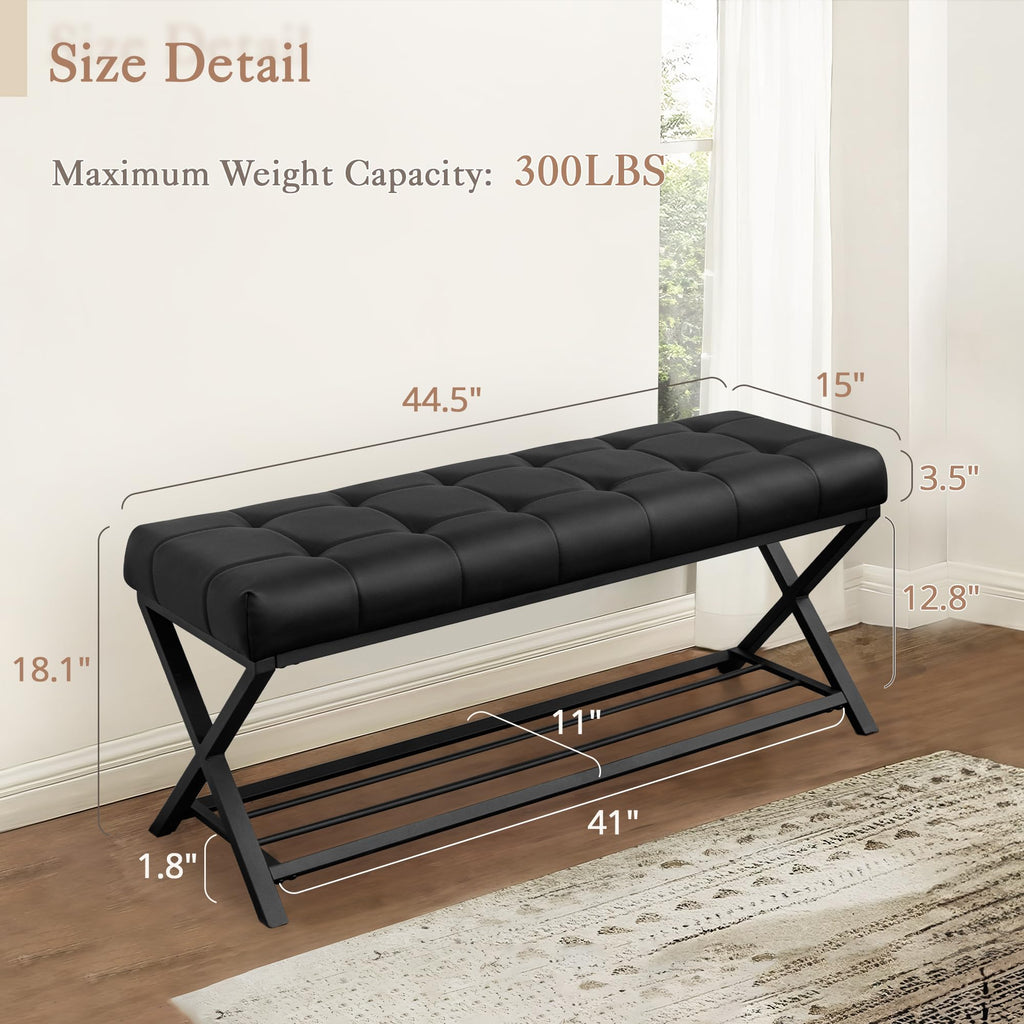 44.5" End of Bed Bench with Shelf, Faux Leather Tufted Upholstered Storage Shoe Bench, Modern Bedroom Bench with