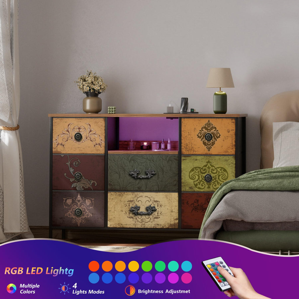 Wide TV Stand for 55" TV, Dresser with LED Lights & Power Outlets