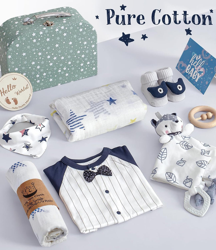 Baby Boy Gifts for Baby Shower, 9pcs Newborn Essential with Fox Lovey/Blanket/Onesie/Wooden