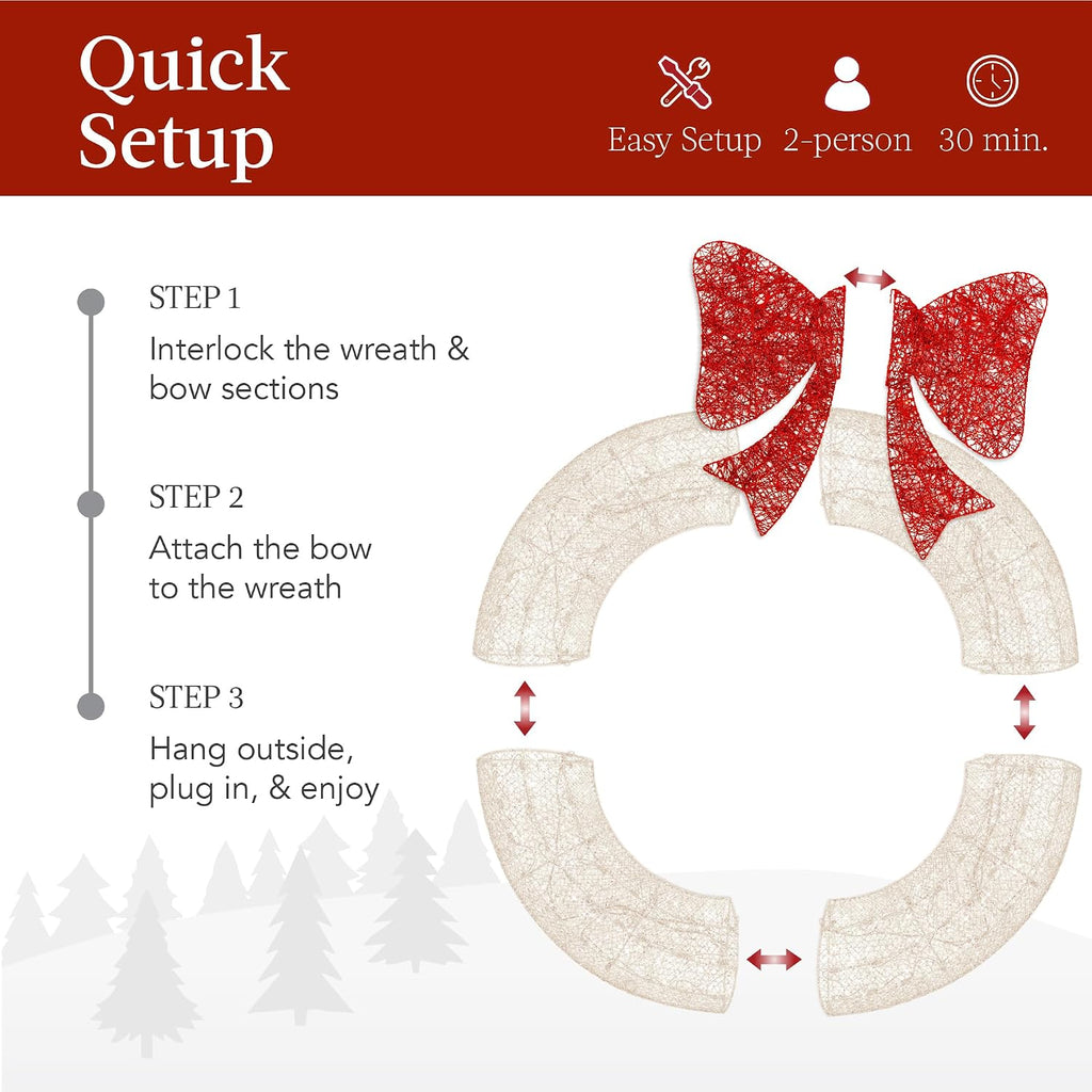 48in Pre-Lit Outdoor Christmas Wreath Decoration, LED Metal Holiday Decor w/ 140 Lights, Bow - White/Red