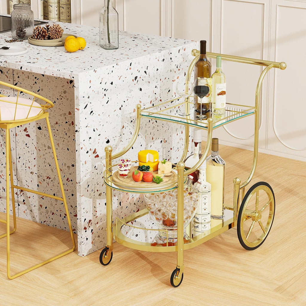 Bar Cart, 3-Tier Rolling Home Bar Serving Cart with Mirrored Shelves & 4 Wheels, Mobile Beverage & Wine Cart (Gold)