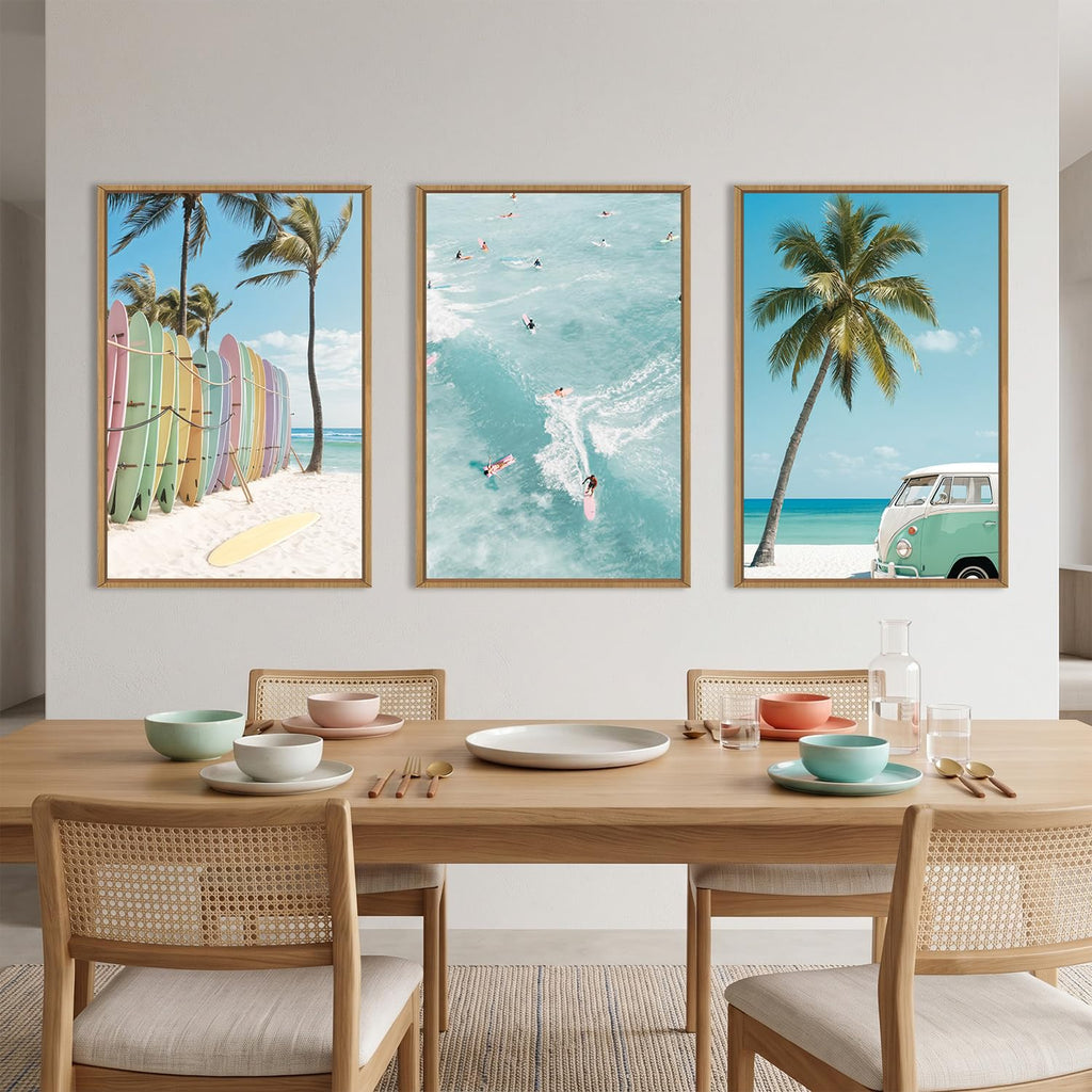 Blue Ocean Surfboard Seascape Framed Canvas Wall Art Set-16"x24"x3