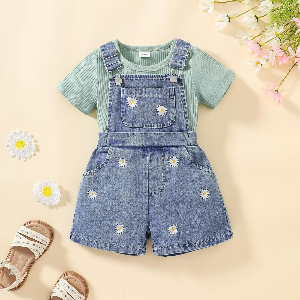 Toddler Baby Girl Summer Clothes Short Sleeve T-Shirt Tops + Denim Suspender Overalls Shorts Set Outfits