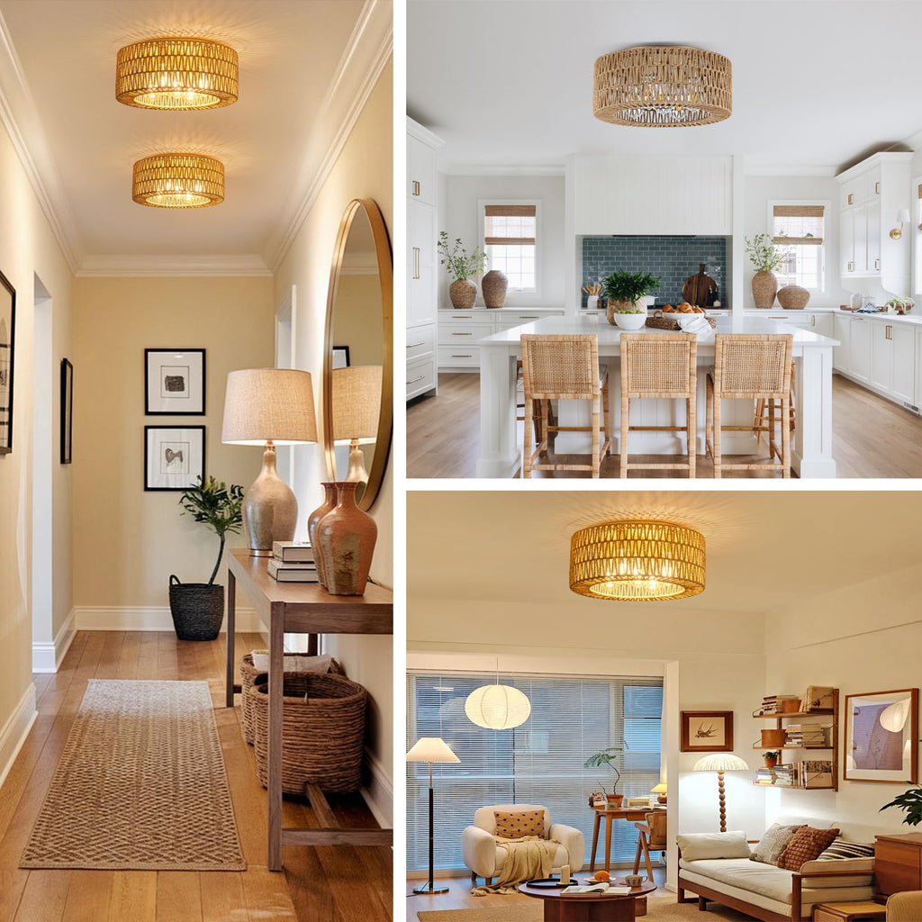 18" Rattan Light Fixture, 5-Light Boho Ceiling Light, Gold Flush Mount Ceiling Light