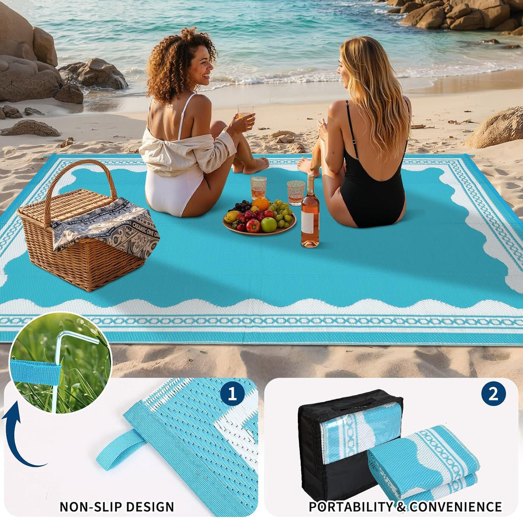 Outdoor Rug 8x10 Scalloped Waterproof Patio RV Outdoor Rugs Reversible Foldable Plastic Straw Rug Modern Camping
