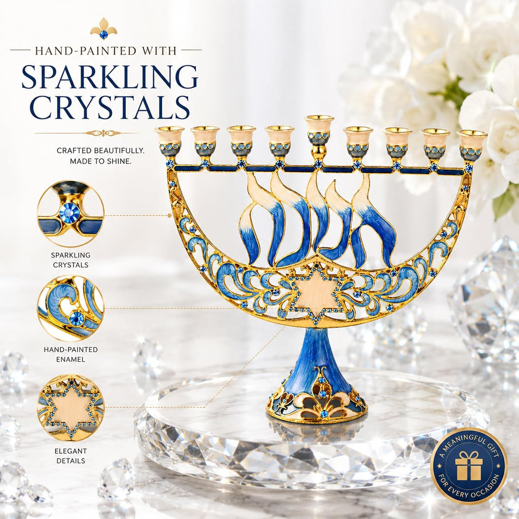 Hand Painted Enamel Candelabra with Star of David and Hanukkah Design and Embellished with Gold Accents and Crystals