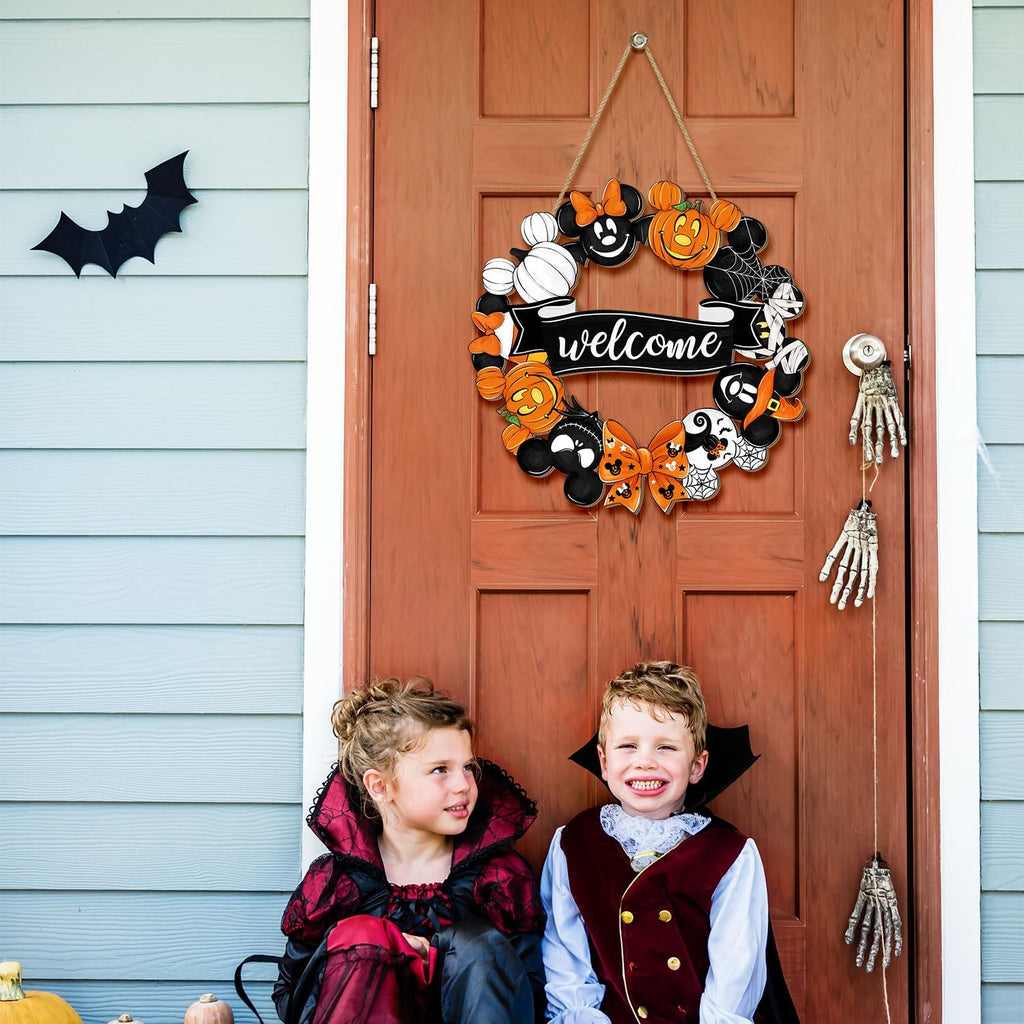 Halloween Mouse Wreath Door Decorations Welcome Hanging Sign, Happy Halloween Front Door Hanger Decor, Cute Wooden