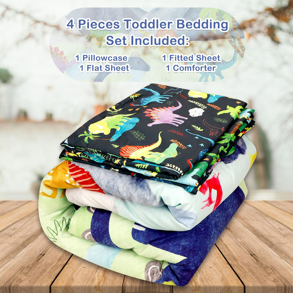 4 Piece Toddler Bedding Set, Ultra Soft and Breathable Cartoon Dinosaur Toddler Comforter Sets for Boys Includes