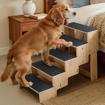 5-Step Wooden Dog Steps for Bed, Anti-Slip Dog Stairs with Carpet Pads, 23.6 Inches Pet Ramp for Dogs to Get on Bed