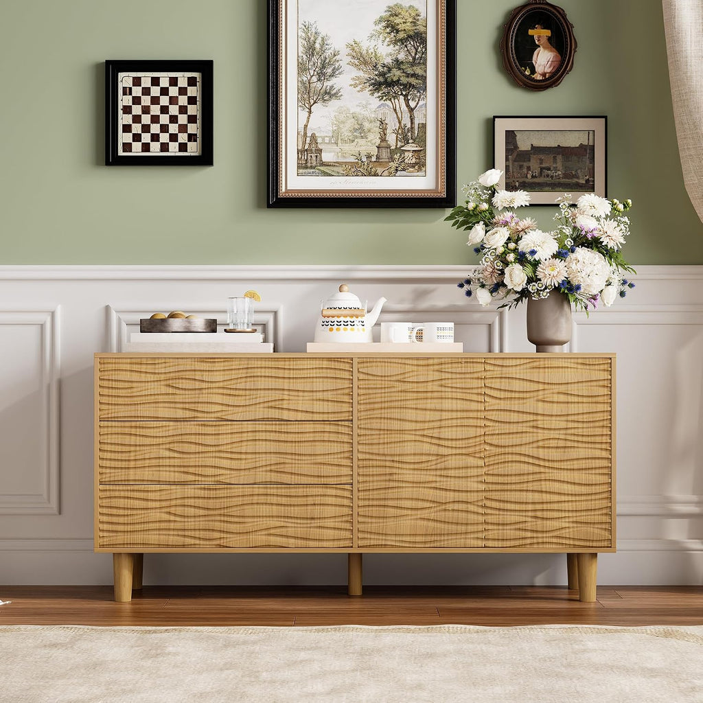 61" Wood Modern Sideboard Buffet Cabinet with Undulating Fluted Design, 3 Drawers & 2 Doors Kitchen Storage Cabinet