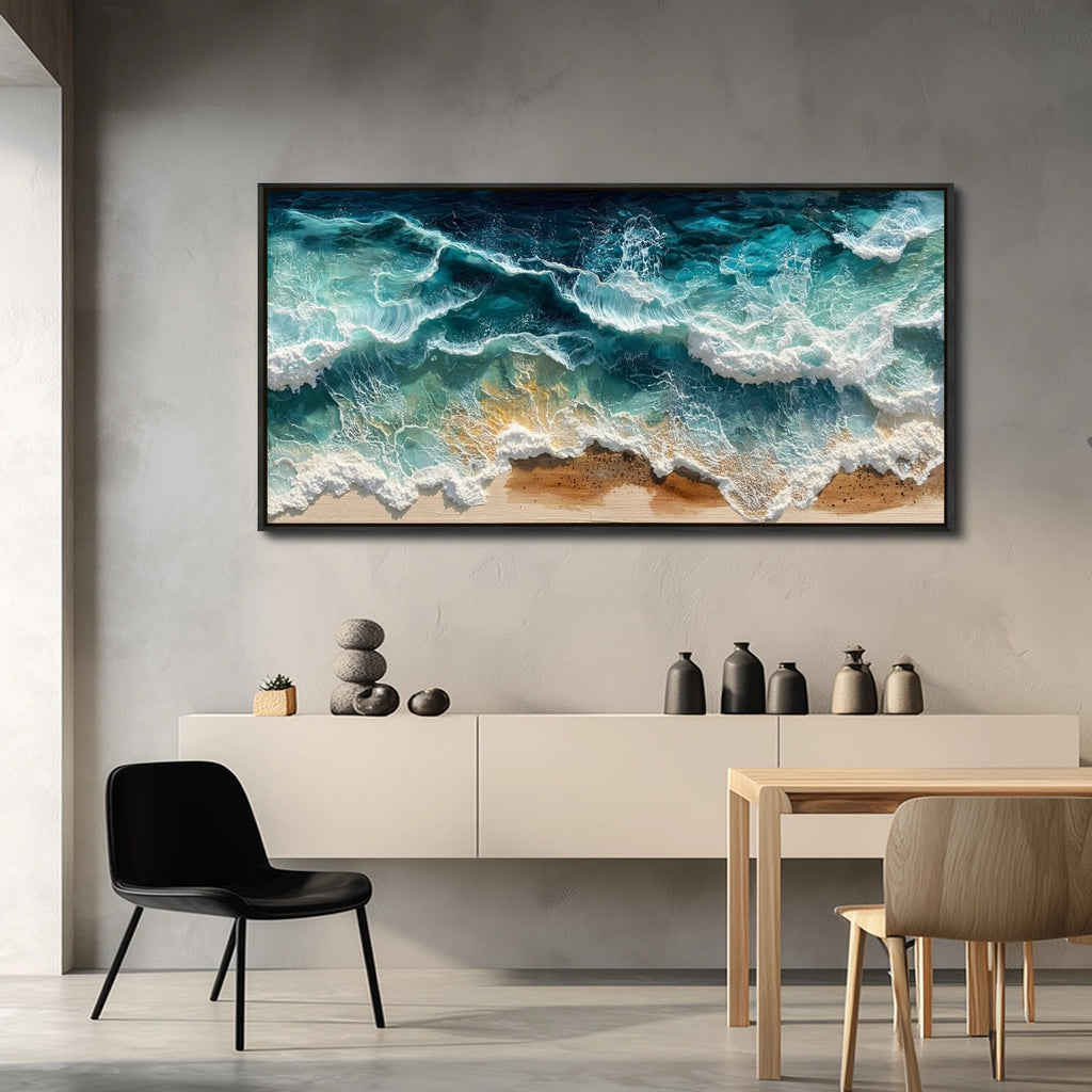 Canvas Wall Art Beach Wall Art Framed Wall Decor Ocean Wave Canvas Art Prints, Aerial View Sea Paintings Pictures
