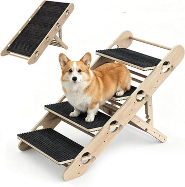 Dog Ramp for Bed, Foldable 15"x34" Solid Wood Pet Stairs for Small Dog