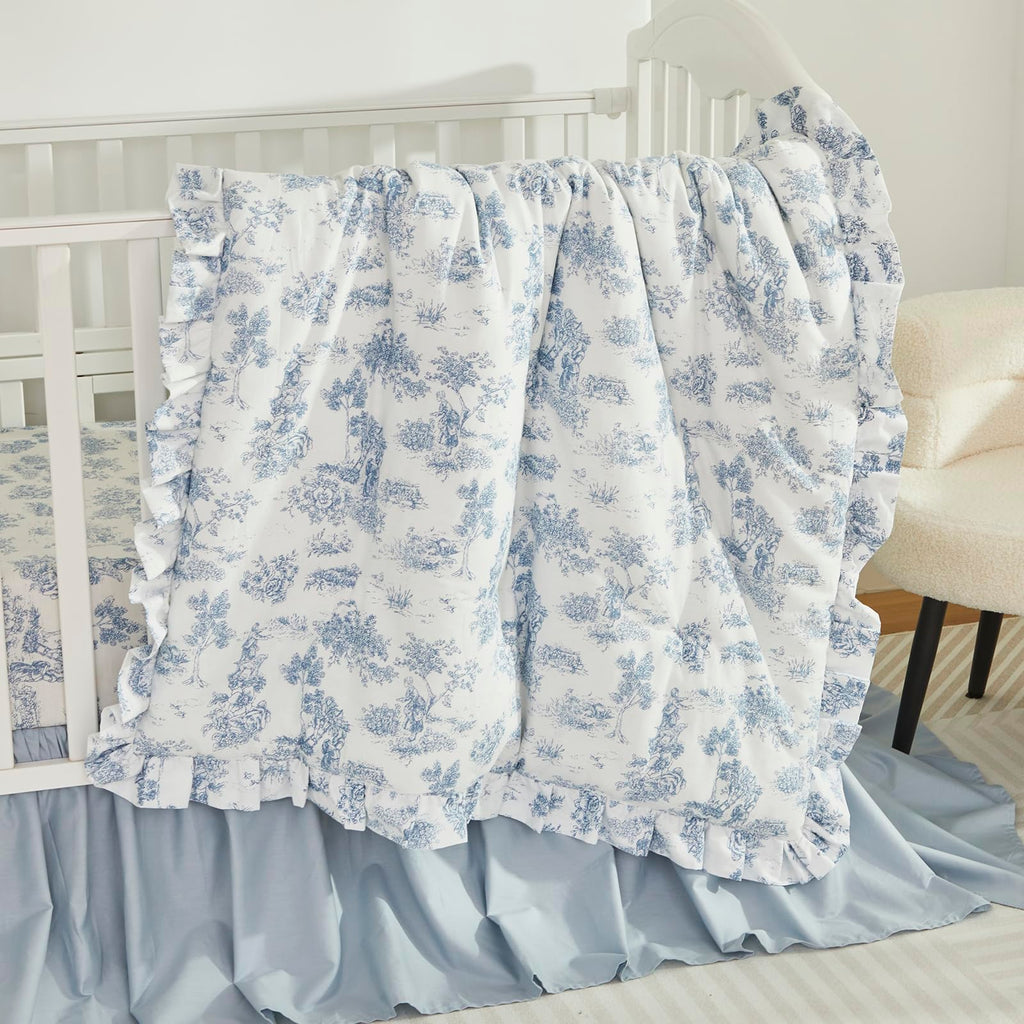 Boho Bohemian Girl Boy Baby Nursery Crib Bed Skirt Dust Ruffle - Neutral Solid Color Light Blue Farmhouse Chic 100%