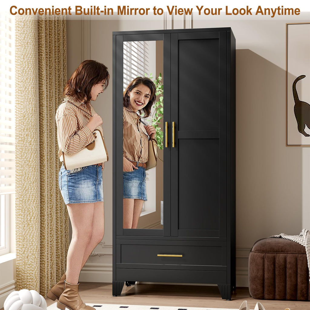 Metal Armoire Wardrobe Closet Storage Cabinet with Mirror Black, 71'' Wardrobe Cabinet with Hanging Rod Metal Closet