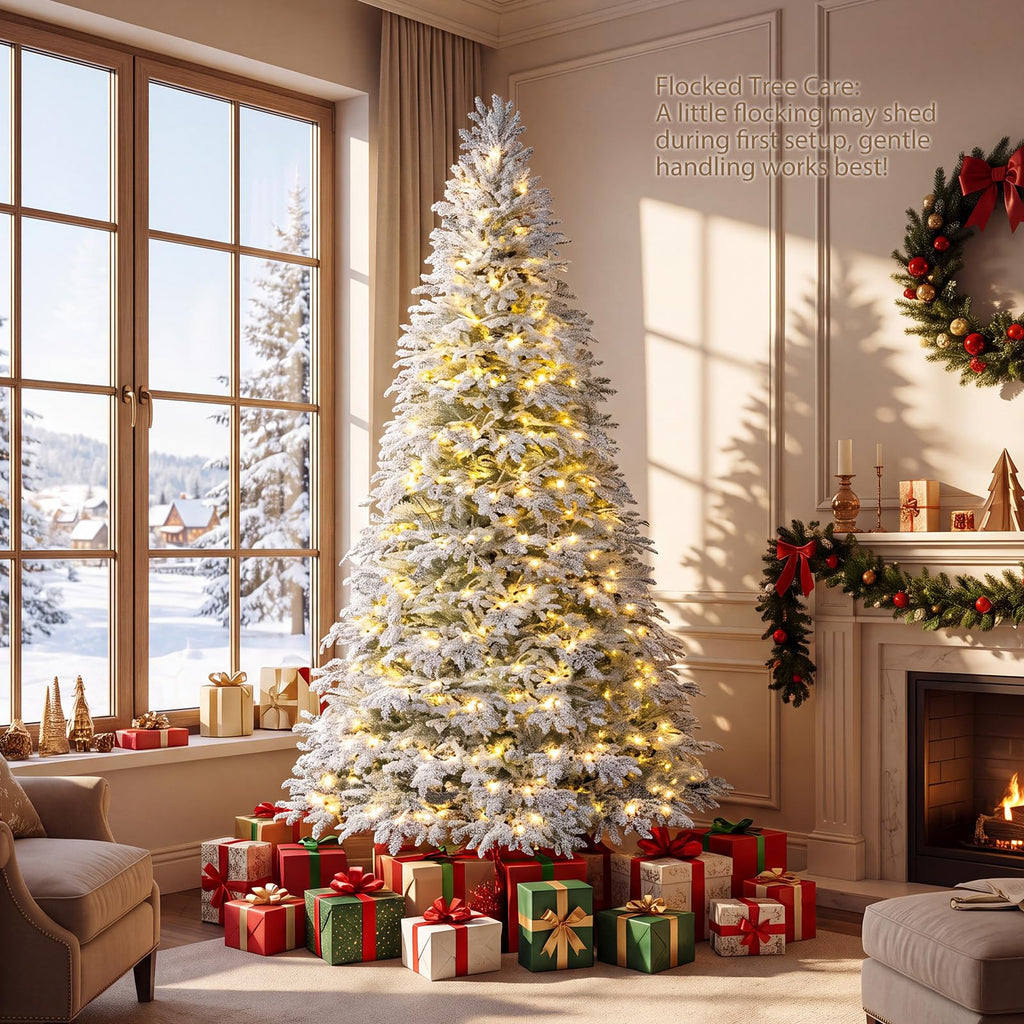 7FT Pre-lit Christmas Tree, Snow Flocked Artificial Christmas Tree