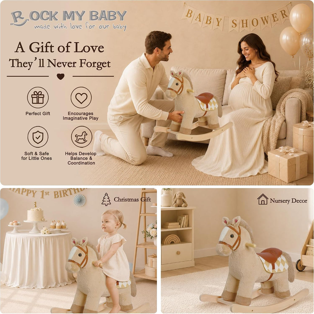My Baby Rocking Horse for Toddlers 18M+, Light Brown Plush Ride-On Horse Toy with Realistic Galloping Sounds