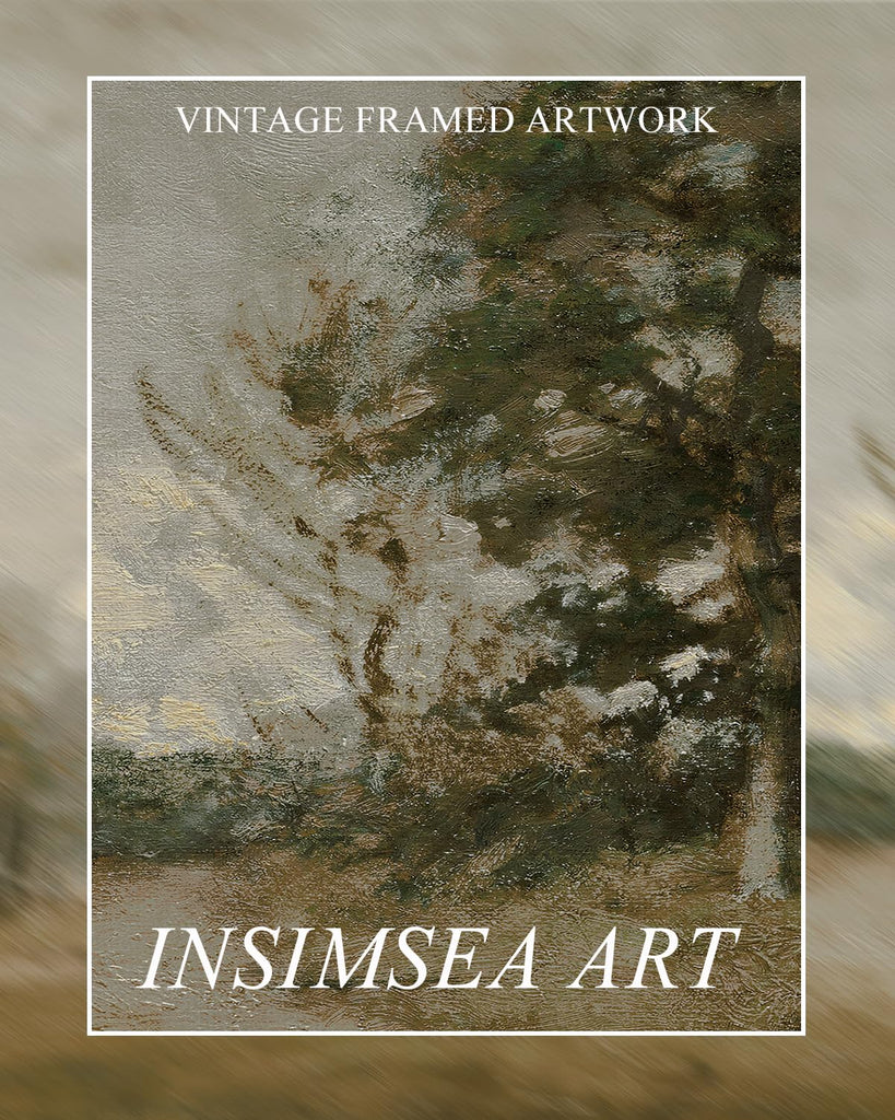 Extra Large Framed Vintage Wall Art, Rustic Landscape, 40x20in