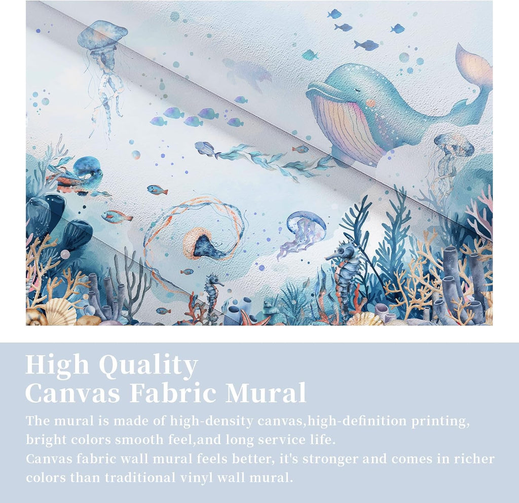 Large Kids Room Blue Ocean Theme Nursery Wallpaper Mural Peel and Stick | 148"W x 110"H Cartoon Undersea World Ocean